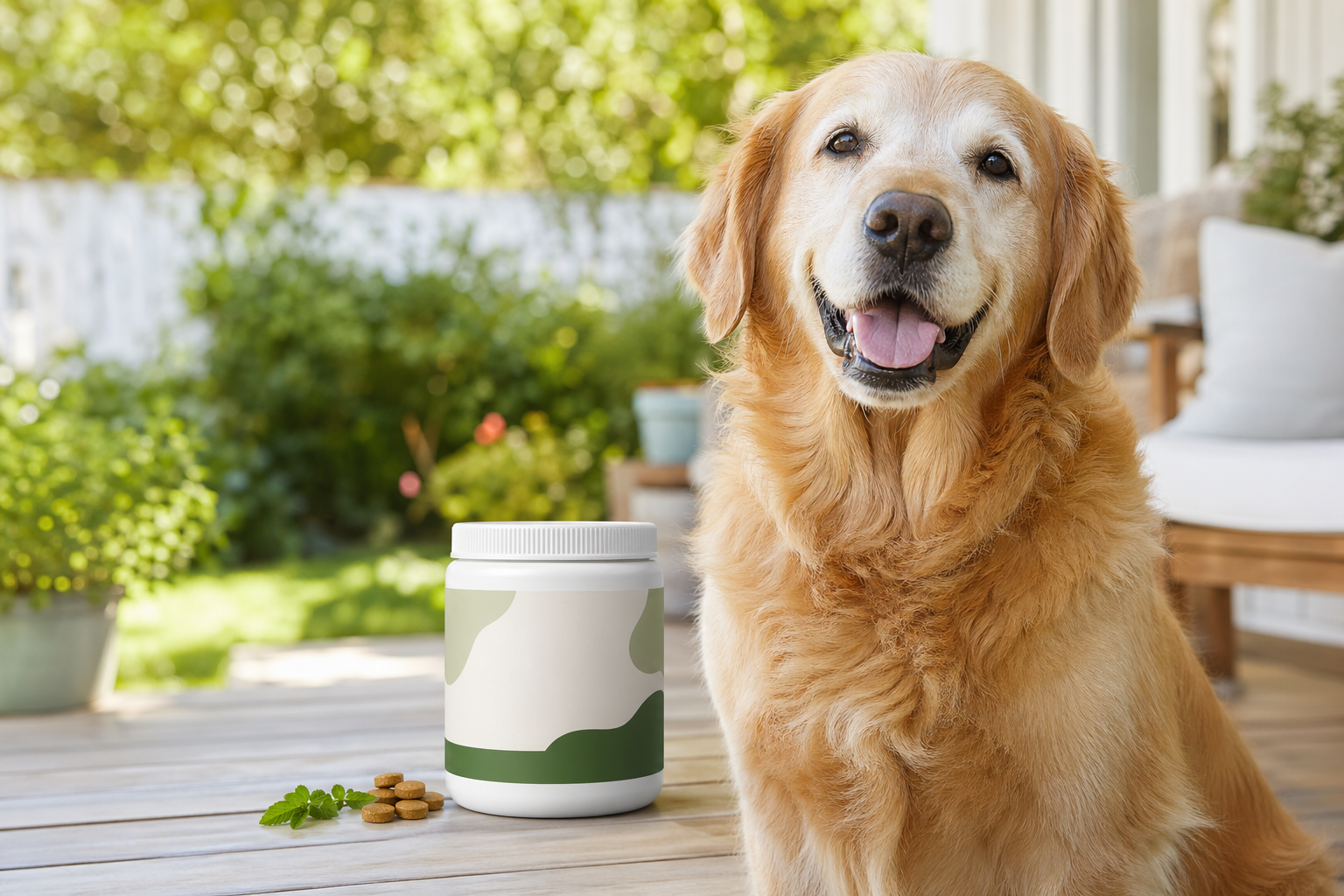 Happy senior dog with Immune Plus supplement