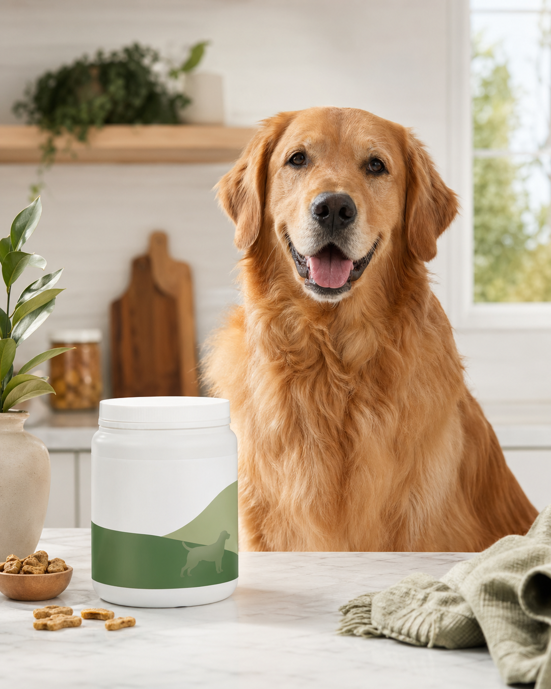 Happy dog beside Immune Plus Canine supplement